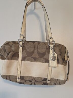 Coach Brown Signature Canvas Shoulder Bag with Cream Trim